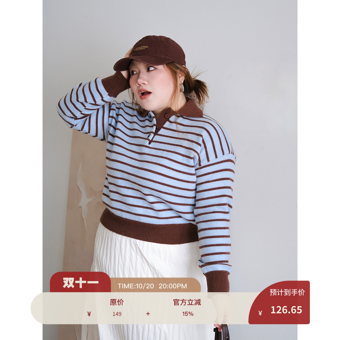 zooobaby10/20韩系简约条纹翻领Polo长袖针织衫女宽松显瘦上衣