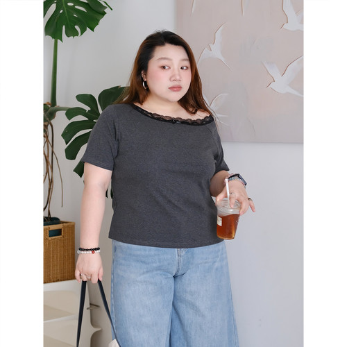 zooobaby06/28韩系简约斜领蕾丝花边显瘦纯色百搭休闲上衣T恤短袖