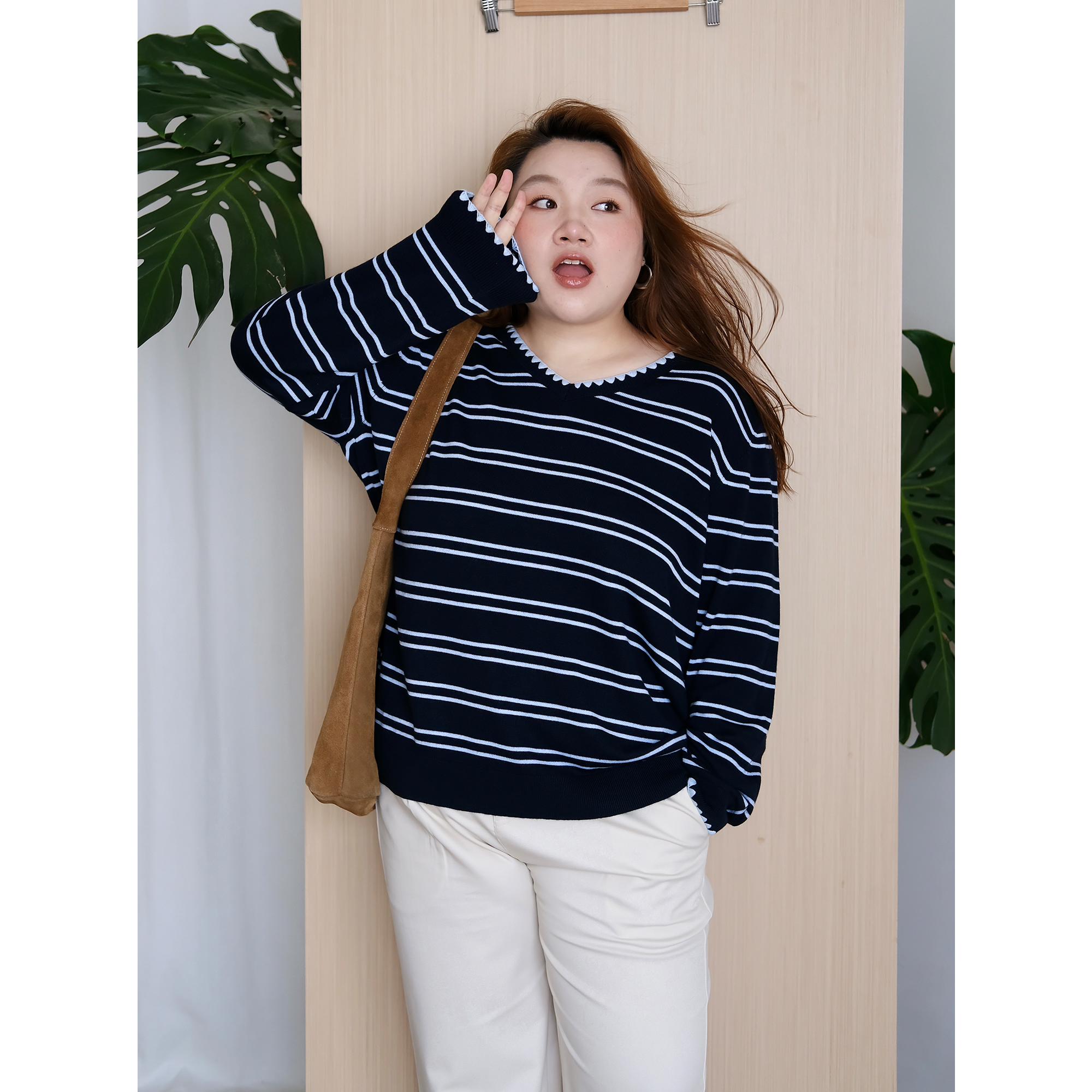 zooobaby09/08韩系简约条纹百搭V领套头针织宽松上衣