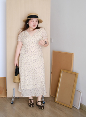 zooobaby06/02韩系简约碎花连衣裙女收腰裙子v领气质A字长裙