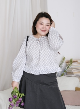zooobaby04/15韩系格子木耳边宽松显瘦长袖衬衫上衣