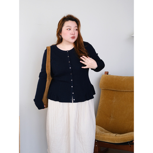 zooobaby01/22韩系胖mm早春荷叶边圆领高腰显瘦开衫针织衫上衣