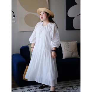 zooobaby04/03晚八点轻法式系绳宽松度假风白色七分袖连衣裙子