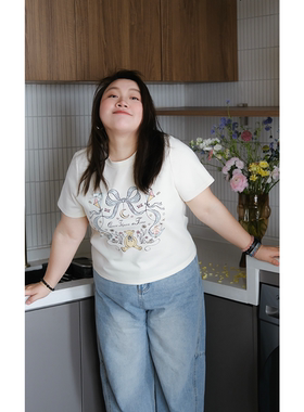 zooobaby03/03晚八点 早春韩系纯色蝴蝶结印花短袖T恤上衣