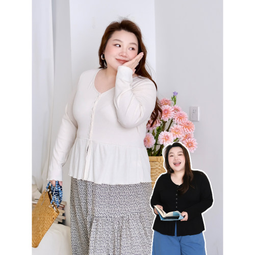 zooobaby03/25韩系气质V领木耳边针织开衫女大码收腰遮肉上衣