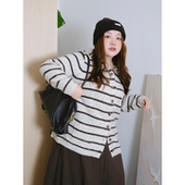 zooobaby10 20韩系简约慵懒感条纹连帽长袖 针织毛衣外套