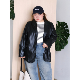 zooobaby09/08韩系简约百搭宽松皮衣外套女中长款西装夹克上衣