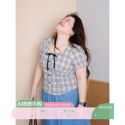 zooobaby05/22韩系格子蝴蝶结绑带方领衬衫宽松显瘦上衣短袖小衫