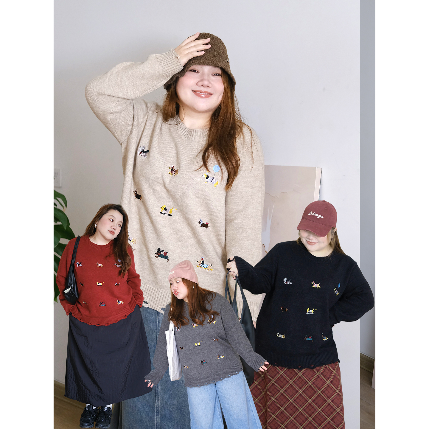 zooobaby10/20韩系简约刺绣圆领长袖针织衫破洞女宽松显瘦上衣