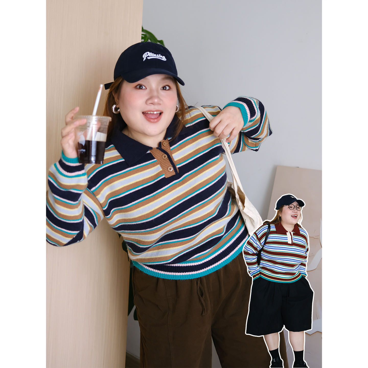 zooobaby10/14韩系简约条纹翻领长袖针织衫女宽松显瘦上衣