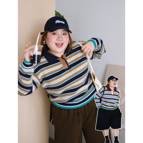 zooobaby10/14韩系简约条纹翻领长袖针织衫女宽松显瘦上衣