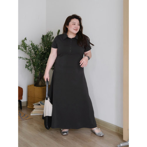 zooobaby03/18早春新品POLO领连衣裙女夏短袖修身显瘦长裙大码
