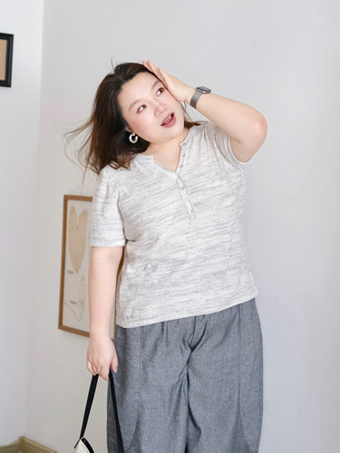 zooobaby08/24韩系初秋微胖mm小v领杂色亮片百搭休闲短袖T恤上衣