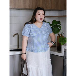 zooobaby04/14韩系甜美花边显瘦短款翻领格纹衬衫短袖上衣