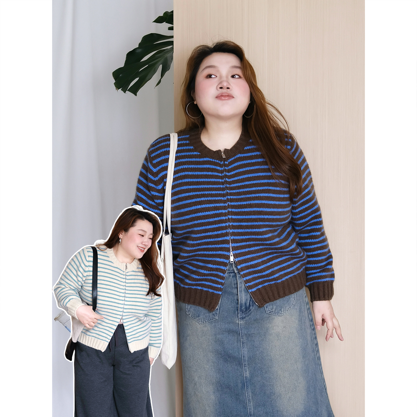 zooobaby10/14韩系撞色简约条纹拉链圆领毛衣开衫女宽松慵懒风