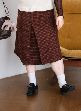 zooobaby01/22韩系胖mm复古格子毛呢红格中裙半身裙子