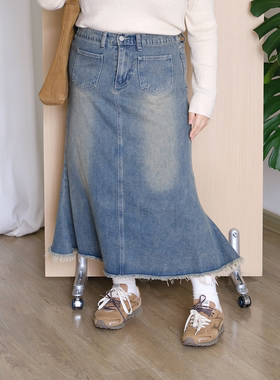 zooobaby10/14韩系简约毛边牛仔半身裙女辣妹a字中长裙复古鱼尾裙