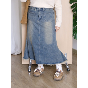 zooobaby10 14韩系简约毛边牛仔半身裙女辣妹a字中长裙复古鱼尾裙