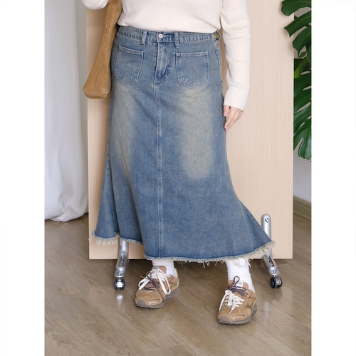 zooobaby10/14韩系简约毛边牛仔半身裙女辣妹a字中长裙复古鱼尾裙