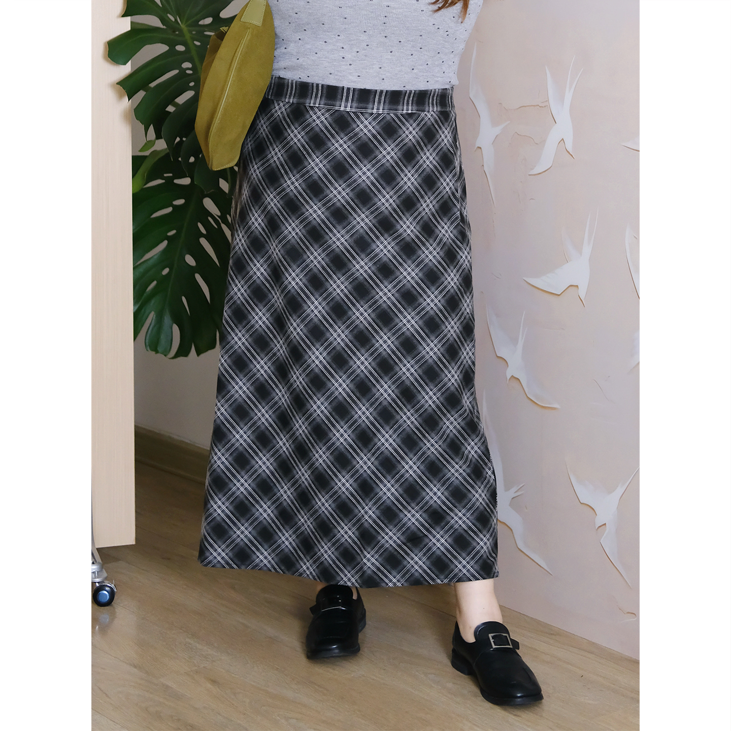 zooobaby10/14韩系简约格子高腰气质半身裙女遮胯显瘦中长裙子