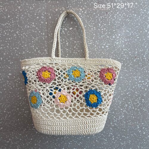 手工编织女包托特包手提单肩钩编包2026新款纯色花朵针织包沙滩包