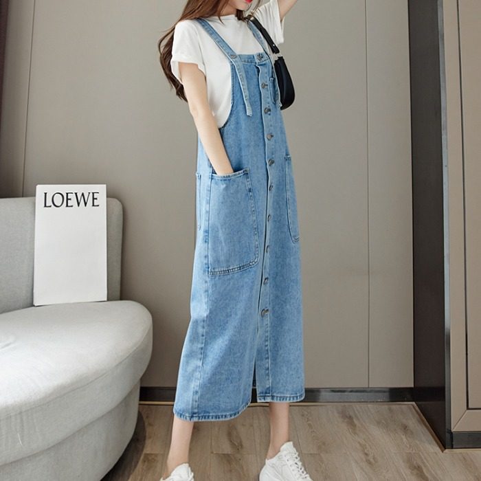 胖mm牛仔背带裙2022春新款宽松显瘦长款过膝减龄洋气吊带连衣裙女