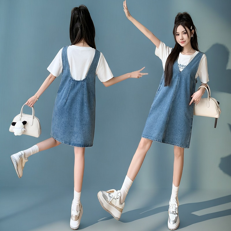 韩版洋气减龄牛仔背带裙女2025夏季新款小个子宽松吊带连衣裙子