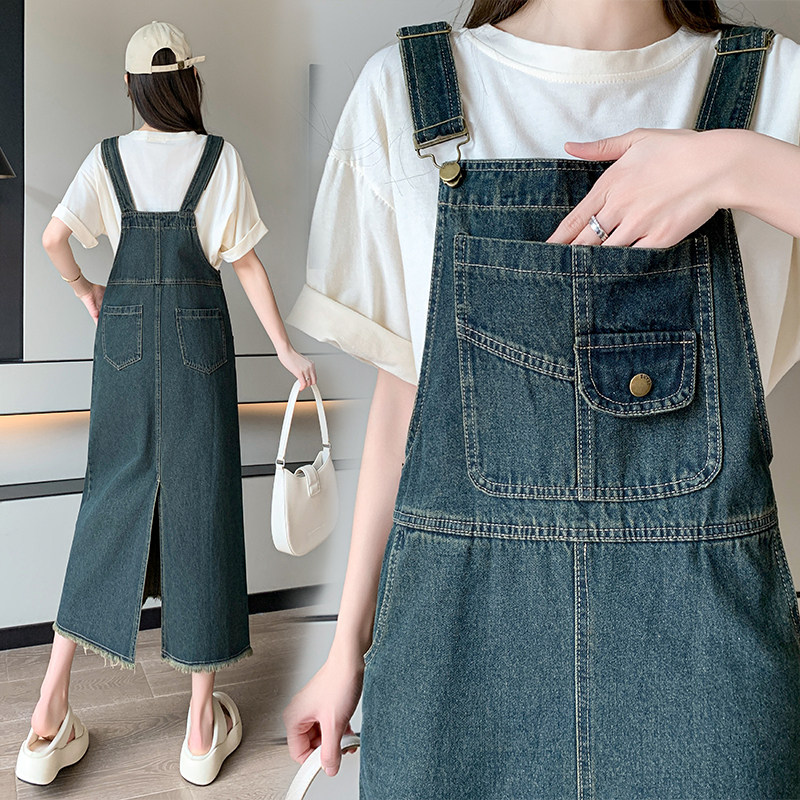 春秋季新款中长裙百搭宽松显瘦背带长裙休闲复古牛仔吊带连衣裙女