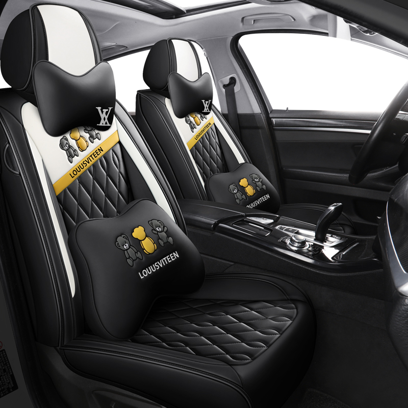 三只熊全皮汽车座垫四季通用全包座套卡通纤维皮坐垫耐磨刮男女款