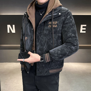高端羽绒服男士冬季2025年新款连帽假两件加厚短款外套男款防寒服