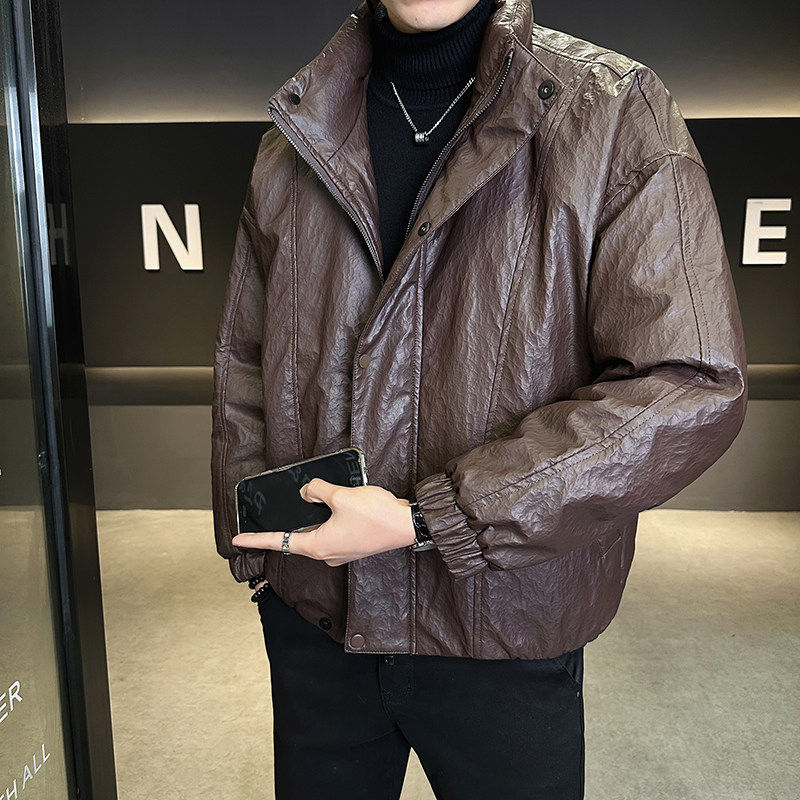 冬季褶皱高级感PU皮羽绒服男士加厚宽松立领冬天上衣痞帅鸭绒外套