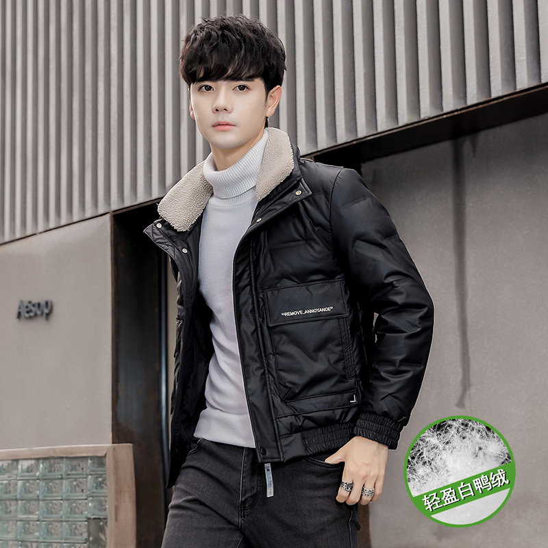 羊羔毛领羽绒服男士短款PU皮外套2025新款衣服潮流加厚鸭绒男冬装