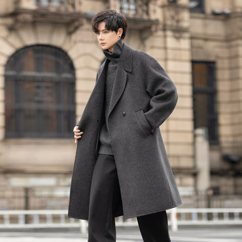 100%双面羊毛呢子大衣男士休闲商务宽松双排扣风衣冬季中长款外套