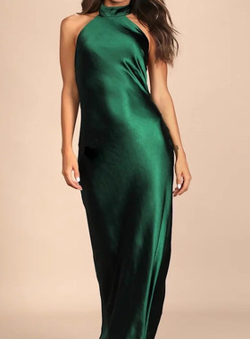 外贸单LU家高货质感挂脖式大露背绿色气场光滑缎面亲肤开叉晚礼服
