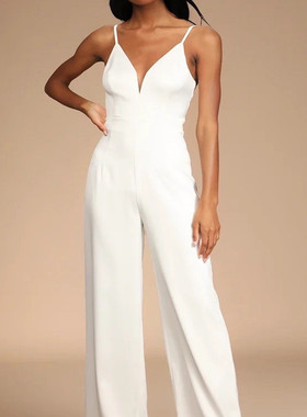 外贸气场款LU家高冷女神白色吊带蝴蝶结设计显高连体裤阔腿裤长裤