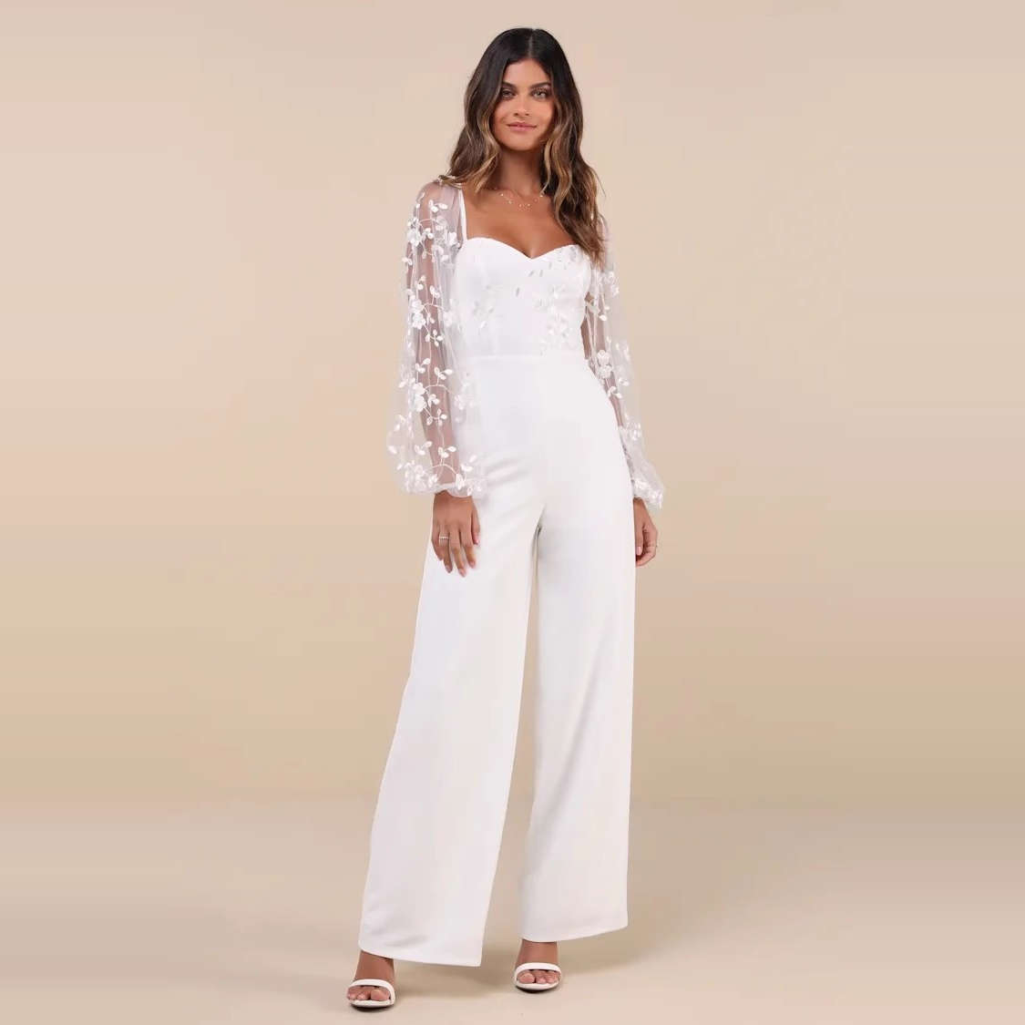 外贸单LU家重工网纱绣花灯笼长袖御姐范白色高挑气场长裤连体裤女