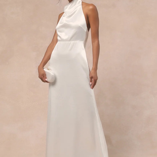 外贸单LU家气场露背堆堆荡领修身 醋酸缎面纯欲晚礼服拖尾仙女长裙