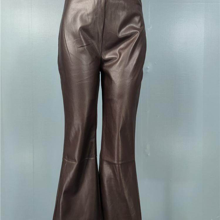 2024年秋冬新款咖啡个性气场高腰紧身显身材PU弹力面料打底喇叭裤