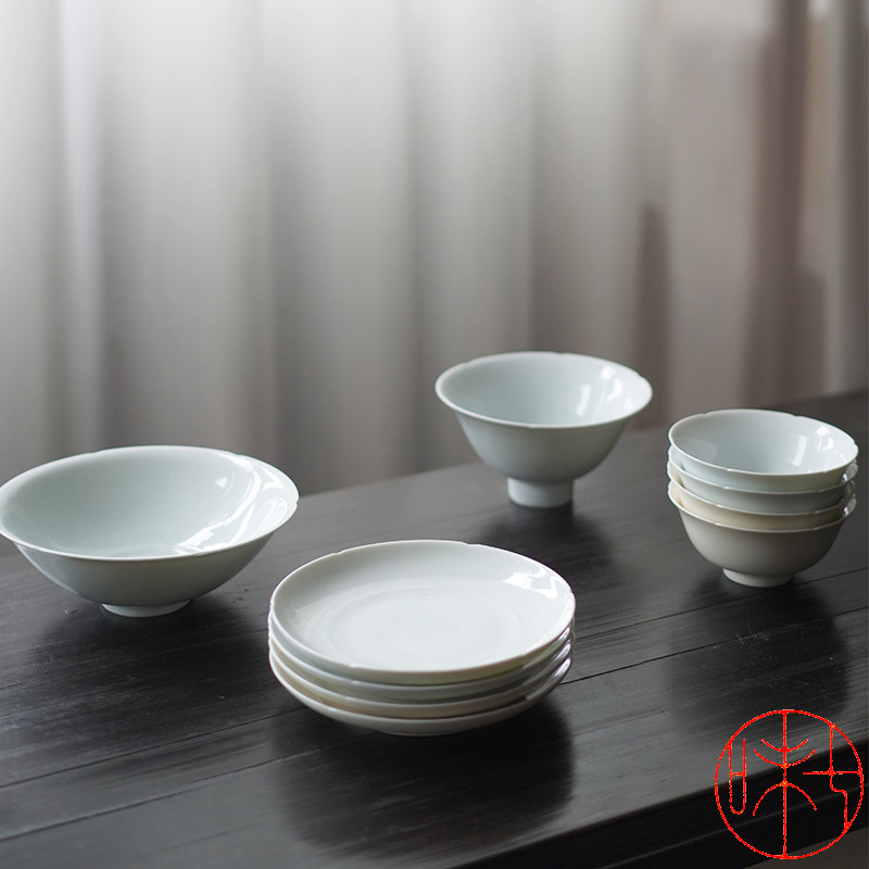 景德镇湖田窑宋韵 陶瓷餐具家用简约套装碗盘碗碟色釉葵口碗组合