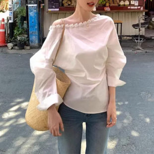 设计遮肉日常休闲温柔上衣 女2026春夏泡泡袖 韩系时尚 拼接露肩衬衫