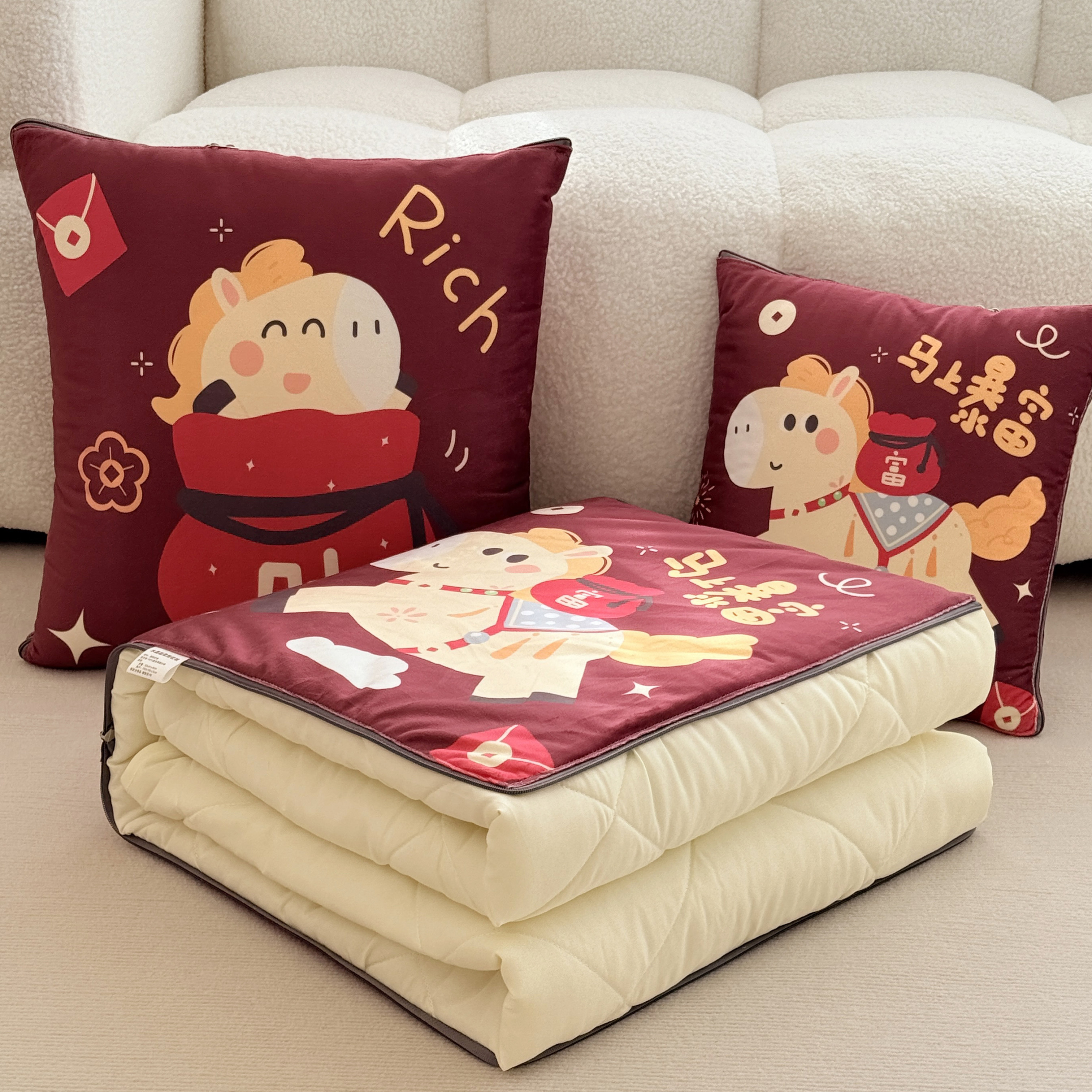 2026新款马年抱枕被子两用四季可爱靠垫车载沙发盖毯办公室午休被