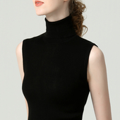 黑色翻领无袖 堆堆领背心紧身 女春秋打底高领薄毛衣砍袖 针织衫 修身