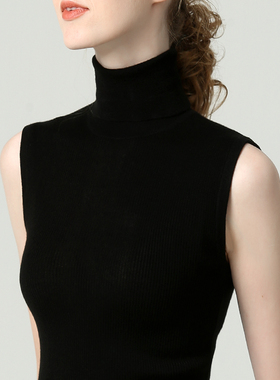 黑色翻领无袖针织衫修身女春秋打底高领薄毛衣砍袖堆堆领背心紧身