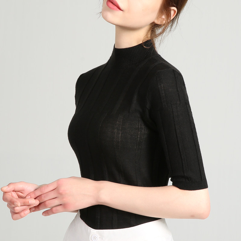 薄款立领短袖针织衫女修身秋季新款黑色五分袖打底短款半高领上衣
