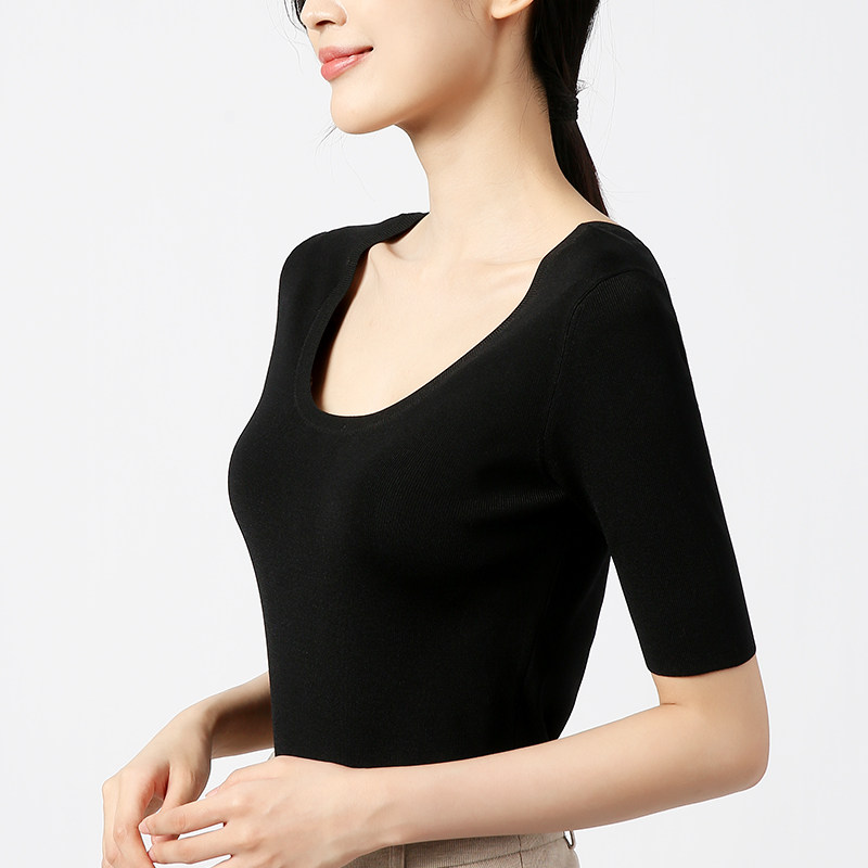 修身U领短袖针织衫打底女薄款冰丝t恤夏季露背黑色低圆领上衣短款
