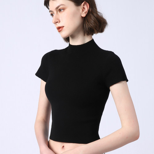 羊毛立领正肩露腰女针织毛衫