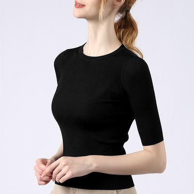 曲珠冰丝圆领打底针织衫女修身
