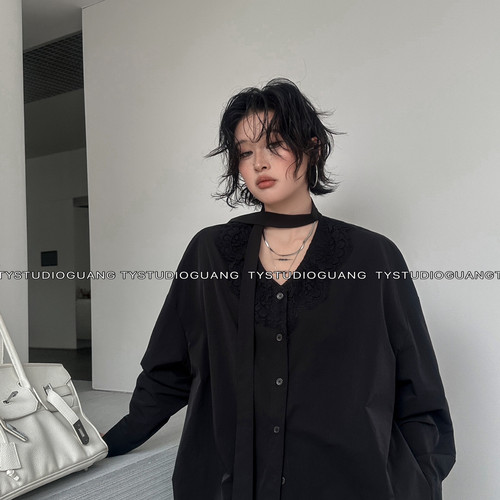 DY-2026年春季新款V领飘带拼蕾丝中长衬衫百搭衬衣57022