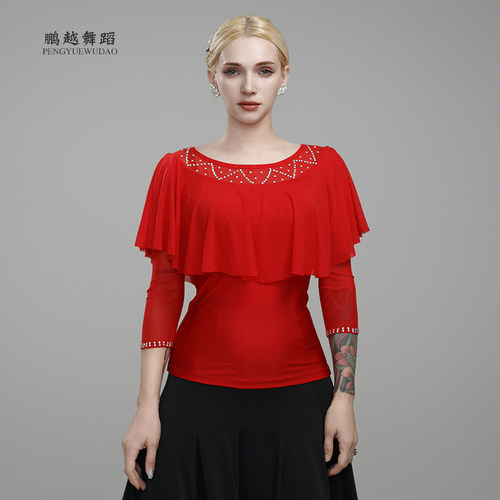 新款国标舞烫钻上衣成人女练习服国舞上衣交谊舞蹈上装摩登舞服