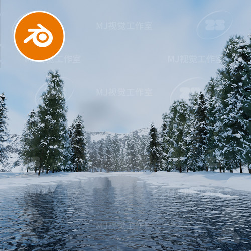blender冬天冰水冰河森林北欧冰面冰雪松树长江自然场景模型2992